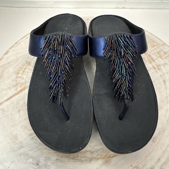 FITFLOP Rumba Iridescent Beaded Toe Post Sandal Women Size 10 Metallic Blue 336 - Picture 3 of 8